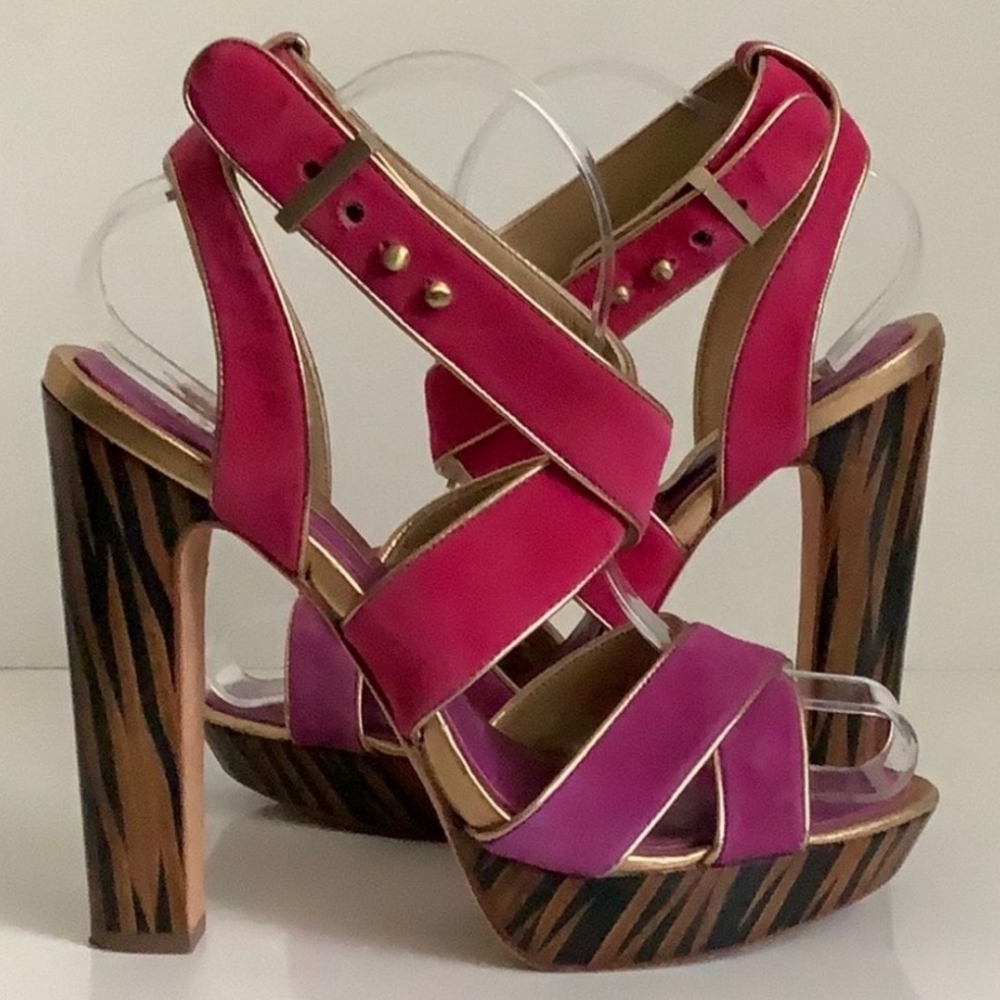 BCBGMaxAzria Hot Pink & Gold Strappy High Heel Platform Sandals